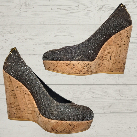 Stuart Weitzman Corkswoon Glitter Wedge Heels - Picture 3 of 11